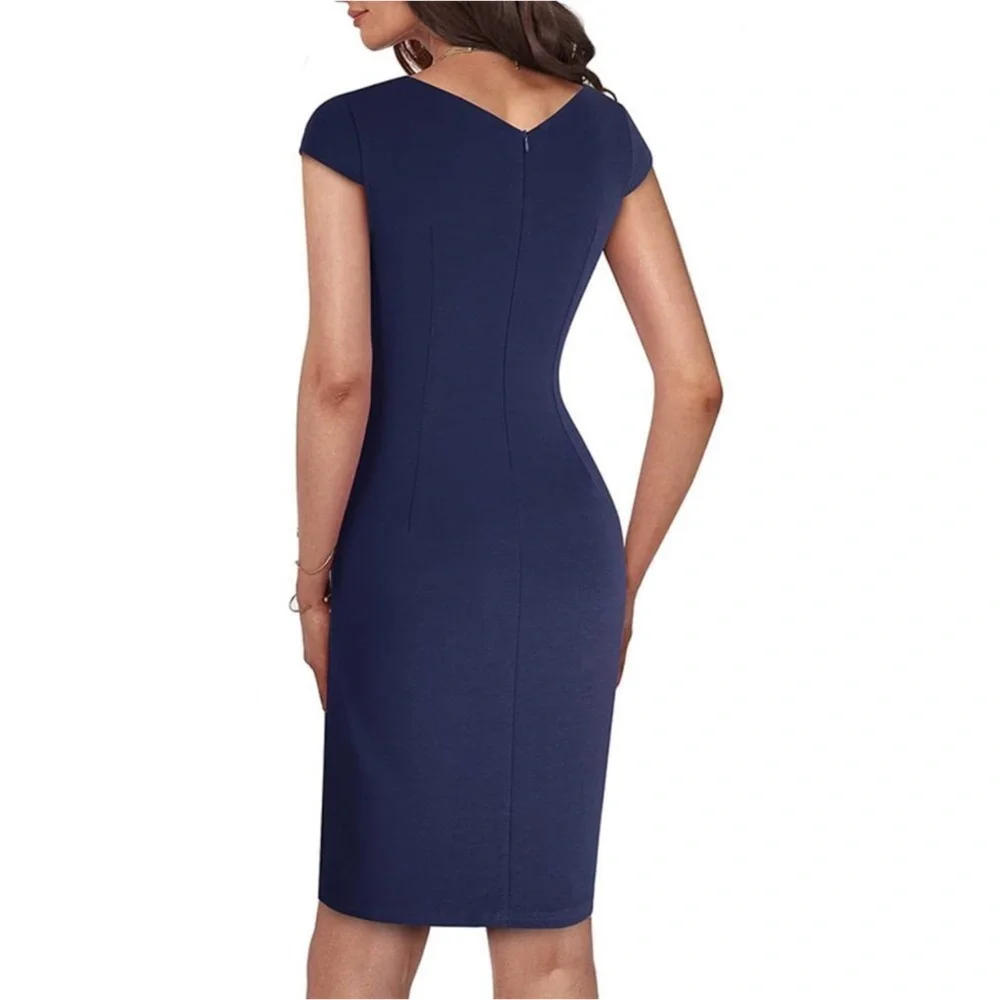 𝅺ELEGANT Front SplitBusiness Formal Vintage Slim Dress B700, Navy Blue - Picture 2 of 8